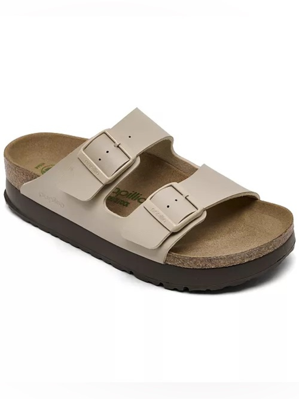Birkenstock Arizona Two-Strap Sandal in Beige with Dark Brown Sole